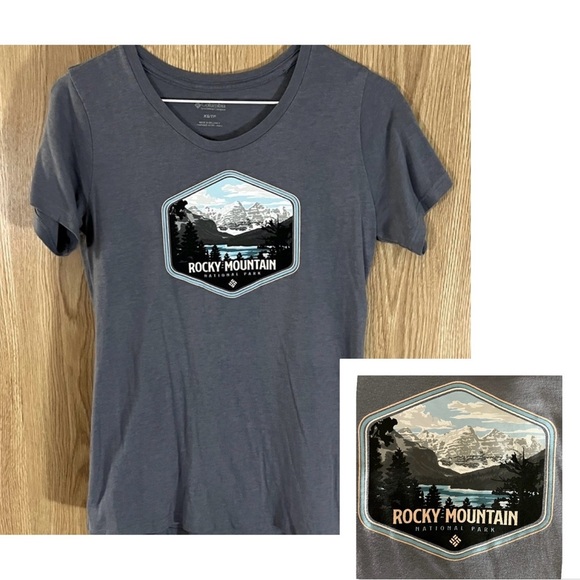 ‘Rocky Mountain’ Graphic Light Blue Crew Tee Top - Picture 1 of 5